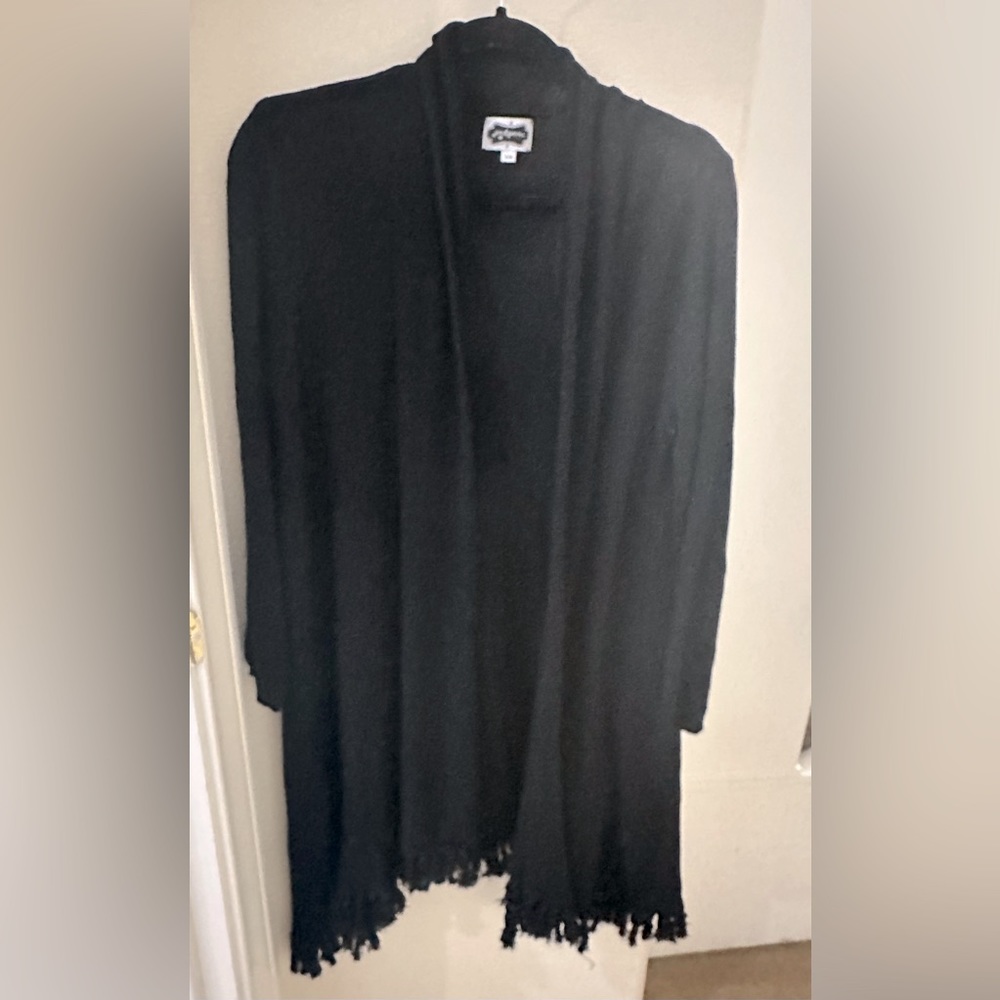 Black cardigan sweater, Mud Pie, S/M, fringe on bottom